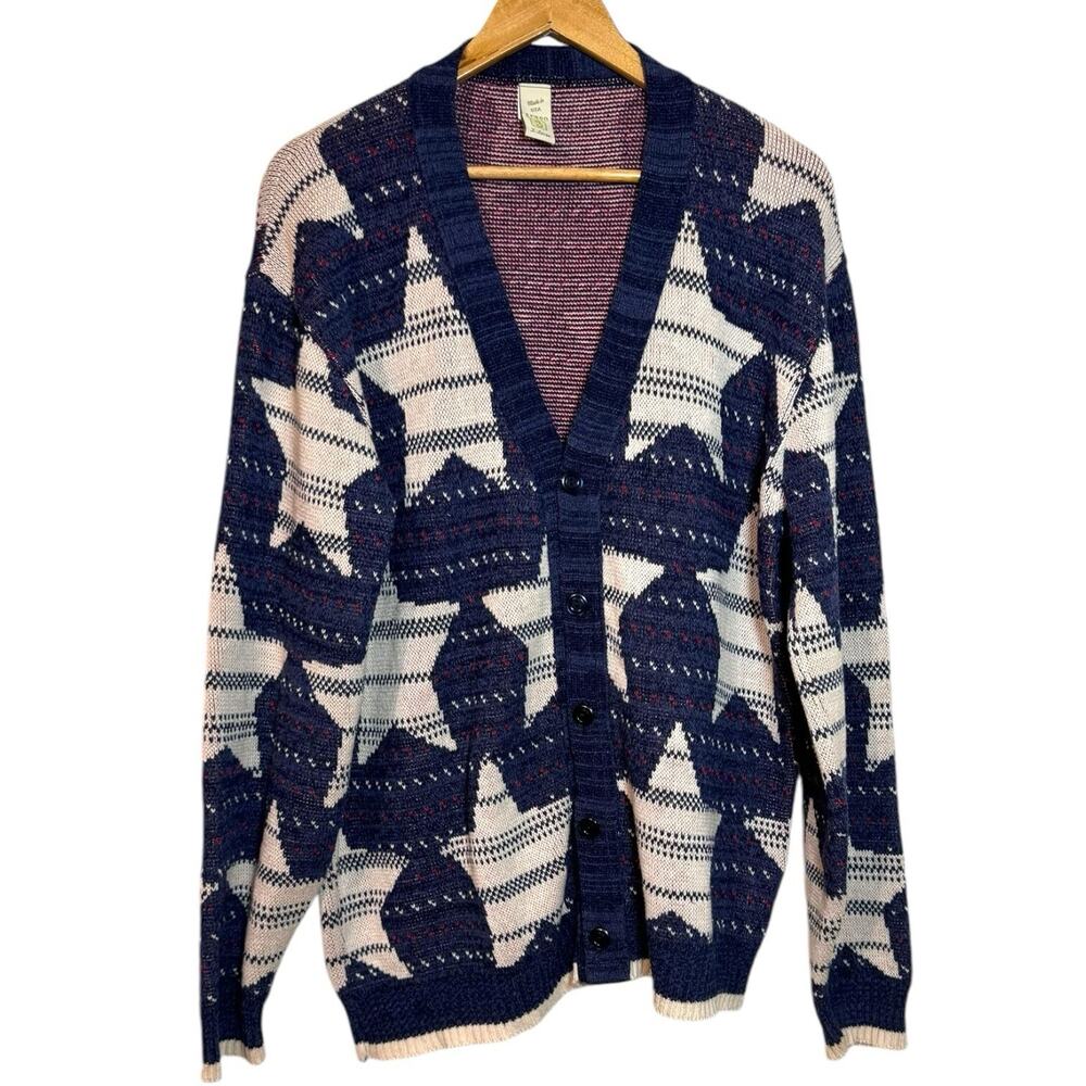 Green Patriotic Star Print Grandpa Cardigan Sweater USA Made Size 3- XL